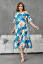 Women's Printed Double Breasted Collar Elastic Waist Bat Sleeve Midi Length Summer Dress 096 - 7