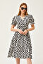 Women's Black Belted Double Breasted Patterned Dress ELB-19002103 - 5