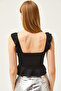 Women's Black V-Neck Frilly Knitted Blouse BLZ-19002568 - 5