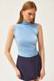 Women's Baby Blue Stand Collar Gather Detailed Crop Blouse BLZ-19002165 - 4