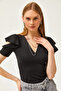 Women's Black V-Neck Low-Cut Knitted Blouse BLZ-19002570 - 5