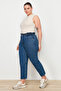 Mavi Yüksek Bel Beli Lastikli %100 Non-Stretch Pamuk Büyük Beden Mom Jeans TBBAW23JE00002 - 6