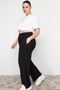 Black Wide Leg High Elastic Waist Crepe Knit Plus Size Trousers TBBAW24AR00018 - 3