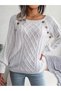 Women's Boat Neck Hair Knit Patterned Button Detailed White Knitwear Sweater - 2