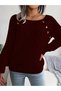 Women's Boat Neck Hair Braid Patterned Burgundy Knitwear Sweater with Button Detail - 2