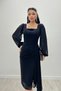 Atlas Fabric Bead Detailed Chiffon Sleeve Pencil Dress - BLACK - 2