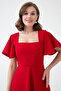 Red Flexible Scuba Crepe Fabric Square Neck Sleeve Design Detailed Red Midi Dress 082 - 2