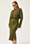 Women's Khaki Top Openwork Sweater Bottom Openwork Dress Knitwear Set TKM-19000246 - 5