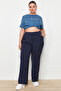 Lacivert Mevsimlik Lastikli Yüksek Bel Pileli Wide Leg Dokuma Pantolon TBBSS22PL0448 - 5