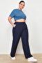 Lacivert Mevsimlik Lastikli Yüksek Bel Pileli Wide Leg Dokuma Pantolon TBBSS22PL0448 - 7