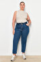 Mavi Yüksek Bel Beli Lastikli %100 Non-Stretch Pamuk Büyük Beden Mom Jeans TBBAW23JE00002 - 5