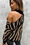 Women's Brown Striped Patterned Knitwear Sweater with Shoulder Detail - 4