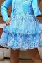 Girl's Blazer Jacket Floral Printed Layered Tulle Zero Sleeve Blue Dress - 4