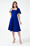 Cobalt Blue Flexible Scuba Crepe Fabric Square Collar Sleeve Design Detailed Cobalt Blue Midi Dress 082 - 8
