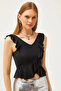 Women's Black V-Neck Frilly Knitted Blouse BLZ-19002568