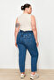 Mavi Yüksek Bel Beli Lastikli %100 Non-Stretch Pamuk Büyük Beden Mom Jeans TBBAW23JE00002 - 10