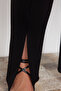 Black High Waist Knitted Large Size Trousers with Slits Tbbss22Pl00014 - 5