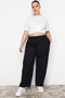Black Wide Leg High Elastic Waist Crepe Knit Plus Size Trousers TBBAW24AR00018