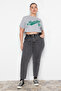 Gri Yüksek Bel Beli Lastikli %100 Pamuk Büyük Beden Mom Jeans TBBAW23JE00002 - 5