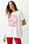 Beyaz %100 Kalın Pamuklu Baskılı Oversize/Rahat Kesim Örme T-Shirt TWOSS24TS00123 - 3