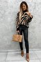 Women's Brown Striped Patterned Knitwear Sweater with Shoulder Detail
