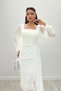 Atlas Fabric Bead Detailed Chiffon Sleeve Pencil Dress - WHITE