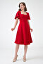 Red Flexible Scuba Crepe Fabric Square Neck Sleeve Design Detailed Red Midi Dress 082 - 4