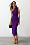 Purple One Shoulder Draped Fitted/Fitted Stretchy Knitted Midi Pencil Dress TWOSS24EL00100 - 3