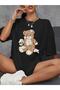 Injured Bear Printed Black Oversize T-shirt Casual Boyfirend