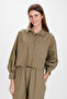 Women's Khaki Large Double Pocket Oversize Crop Shirt - 5