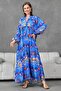 Blue Ethnic Patterned Buttoned Prevailing Collar Balloon Sleeve Midi Length Wide Flared Cut Summer Dress 036 - 6