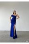 NEW SEASON ELASTIC BLUE CREPE FABRIC SLIT DETAIL LONG GOWN AND HOLIDAY DRESS582884 741 - 4