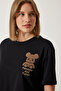 Women's Black Teddy Bear Embroidered Crop Knitted T-Shirt HF00455