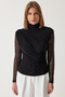 Women's Black Lace Sleeve Gathered Knitted Blouse FF00162 - 4