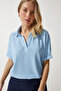 Women's Sky Blue Polo Neck Knitted Crinkle Blouse DD01299 - 2