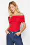 Red Carmen Collar Fitted/Body Sitting Knitted Madonna Collar Blouse Twoss24Bz00497 - 2