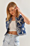 Women's Navy Blue Embroidered Lined Linen Vest 60211014 - 6