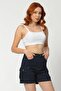 Whatsup Cargo Pocketed Denim Women's Shorts - Navy Blue - 8