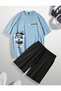 Baby Blue & Black Art Printed Top and Bottom Shorts T-shirt Set - 2
