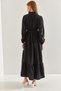 Women's Black Modest Dress with Lace Detail at the Collar and Elastic Waist Flared Dress 60151024 - 3