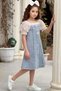 Girls' Transparent Lace Embroidered Balloon Sleeve Jeans Dress with Collar and Sleeves - 3