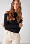 Vittoria Women's Knitwear Look Fabric Black Blouse with Off-the-Shoulder Corded Fabric - 2