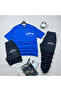Oversize Blue Relaxed Fit Brooklyn Printed T-shirt Black Shorts and Sweatpants 3-Piece Set Unisex