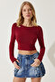 Women's Claret Red Crew Neck Basic Crop Knitted Blouse OW00034 - 3