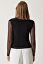Women's Black Polka Dot Lace Sleeve Gathered Knitted Blouse FF00163 - 6