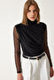 Women's Black Polka Dot Lace Sleeve Gathered Knitted Blouse FF00163 - 2