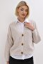 Women's Beige V-Neck Oversize Buttoned Knitwear Cardigan - 4