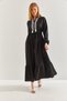 Women's Black Modest Dress with Lace Detail at the Collar and Elastic Waist Flared Dress 60151024 - 6