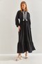 Women's Black Modest Dress with Lace Detail at the Collar and Elastic Waist Flared Dress 60151024 - 5