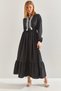 Women's Black Modest Dress with Lace Detail at the Collar and Elastic Waist Flared Dress 60151024